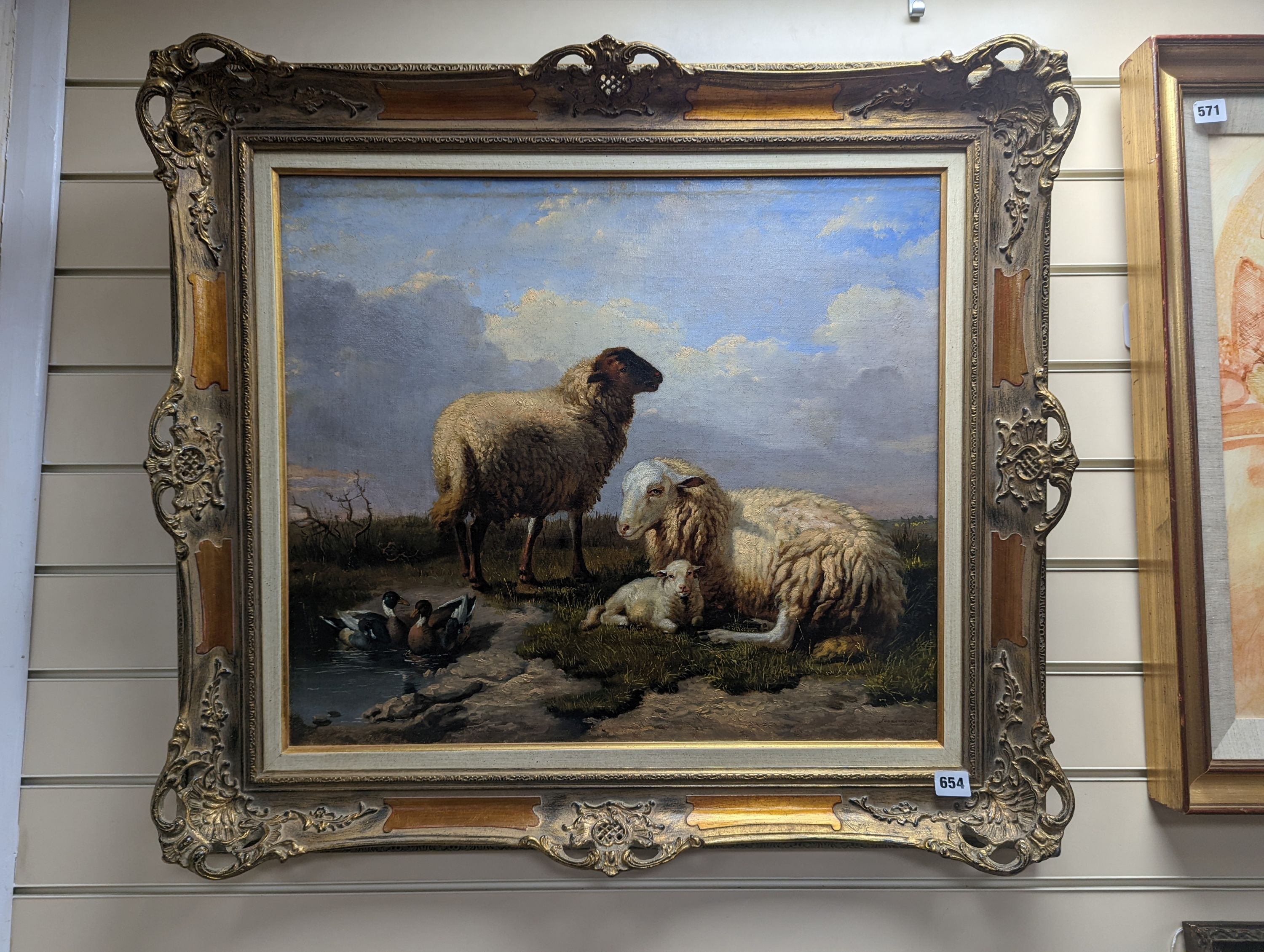 19th Century Dutch School, oil on canvas, Sheep and ducks in a landscape, indistinctly signed, 53 x 61cm